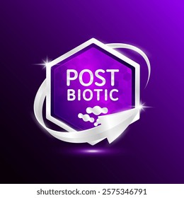 Postbiotic bacteria. Purple shine hexagon rounded modern packaging badge logo silver arrow surround. Good bacterial flora for stomach and intestine. For design product label. Vector.