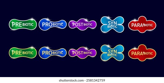 Postbiotic prebiotic postbiotic synbiotic parabiotic bacteria in gold shine and silver frame. Good bacterial flora for stomach bowel intestine. For product label packaging badge logo. Vector.