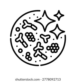 Postbiotics Icon Professional UI Symbol for Bacterial Bioactive Compounds, Cellular Metabolites and Gut Ecosystem Byproducts. It represents metabolic health, organic acids, short-chain fatty acids (scfa), and advanced microbiome wellness. Ideal for nutrition software dashboards, biotech clinical interfaces, and preventative medicine platforms. Isolated on white background.