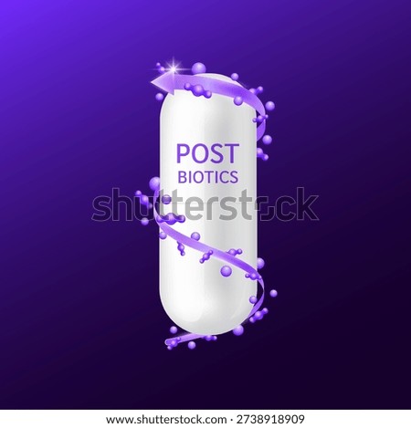 Postbiotics pill living microflora. Capsule drug white surrounded by arrow and purple good gut bacteria on dark background. For products design supplement food digestion. 3D vector.