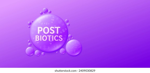 Postbiotics purple drop water. From Probiotics and Prebiotics. Good bacterial flora for stomach and intestine. Create balance for the gut. Health care nutrition. Banner empty space for text. Vector.