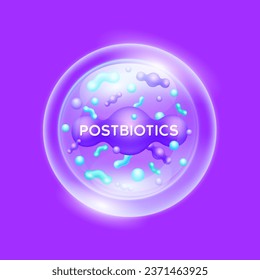 Postbióticos morados. Buena flora bacteriana para el estómago y el intestino para diseñar suplementos dietéticos nutritivos saludables. Biología lactobacilo. Apoyo a la inmunidad de atención de la salud. EPS10 vectores.