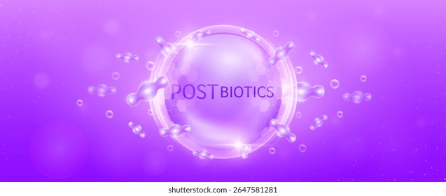 Postbiotics in transparent hexagonal dome with surrounding postbiotic bacteria purple. Good bacterial flora for intestine and stomach digestive system. Supplements healthy. Banner vector.