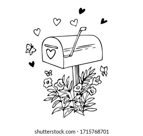 Postbox with hearts, butterflies and flowers. Design for Valentines day and love messages postcards.