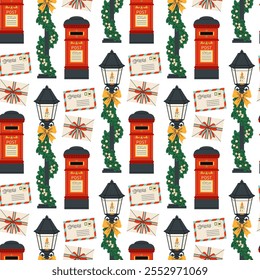 Postbox. Paper envelope with letter. Street lamp. Christmas seamless pattern. For textile, wrapping paper, background.