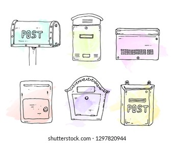 Postbox set. Hand draw sketch style on a white background with watercolor stains