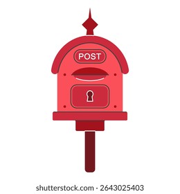 Postbox vector icon. Red mailbox for sending letters, documents. Closed mail container stands on a pole. Classic metal letterbox. Hand drawn doodle, flat cartoon clipart isolated on white. For print