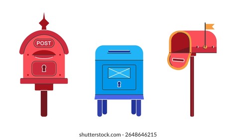 Postboxes vector set. Red, blue mailboxes for sending letters. Closed, open mail containers stand on a pillars, with a raised flag. Classic metal letterboxes. Doodle, cartoon clipart isolated on white