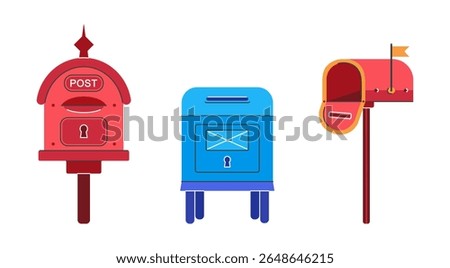 Postboxes vector set. Red, blue mailboxes for sending letters. Closed, open mail containers stand on a pillars, with a raised flag. Classic metal letterboxes. Doodle, cartoon clipart isolated on white