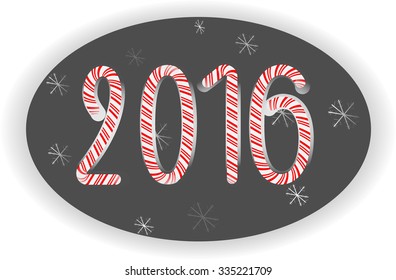Postcard 2016 with snowflakes and candy cane/