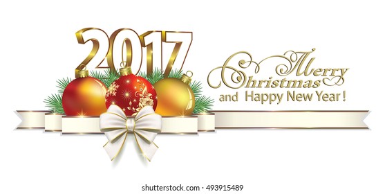 Postcard 2017 New Year with  ball, and a ribbon with a bow on a white background