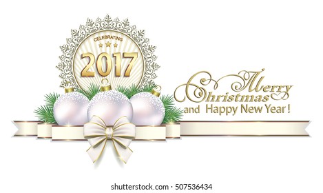 Postcard 2017 New Year with ball and a ribbon with a bow on a white background