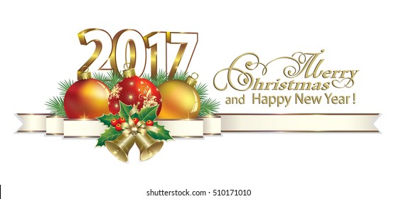 Postcard 2017 New Year with ball and bells on a white background