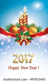 Postcard from 2017 with New Year balls with bells and candles on a blue background with stars