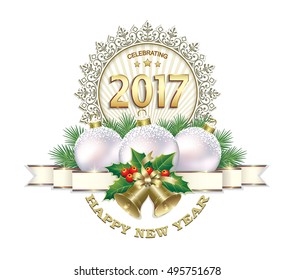 Postcard 2017 New Year with balls and bells on a white background
