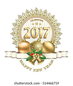 Postcard 2017 New Year with balls and bells on a white background