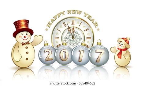 Postcard 2017 New Year with clock, balls and snowman on a white background
