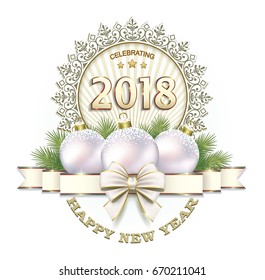 Postcard 2018 New Year with balls and a ribbon with a bow on a white background.Vector illustration