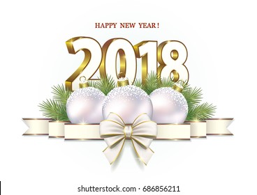 Postcard 2018 New Year with balls and ribbon with bow on a white background. Vector illustration