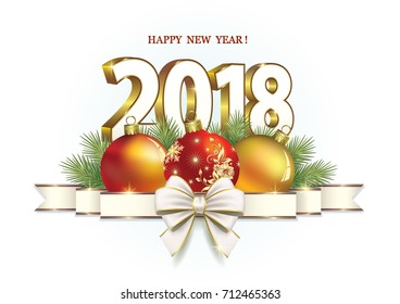 Postcard 2018 New Year with balls and ribbon with bow on a white background. Vector illustration