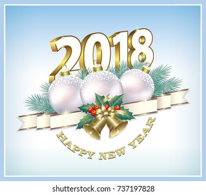 Postcard 2018 New Year with balls and bells on a blue background in a frame. Vector illustration