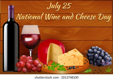 Postcard for 25 July International Day of Wine and Cheese with a bottle and glass of cheese and grapes.