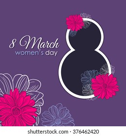 Postcard for 8 march with hand drawn flowers, text and big 8. Vector illustration.