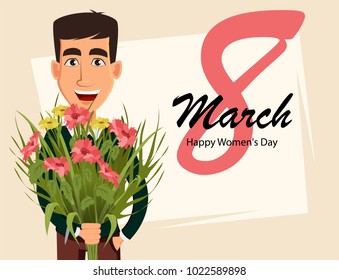 Postcard to the 8 march (Women's Day). Greeting words and handsome man holding a bouquet of flowers. Vector illustration