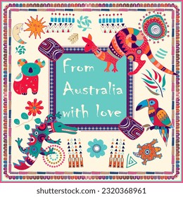 Postcard about Australia. Travel postcard design. Australian animals hand drawn, cartoon style. Color illustration for booklet, card, print, t-shirt design. Square vector design