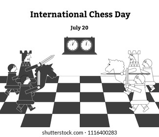 Postcard about International Chess Day 20 July with chessmen, the chessboard and the chess clock. Vector illustration. 