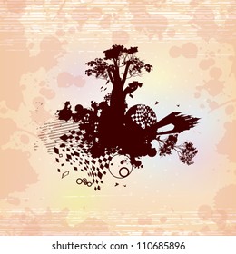 Postcard with an abstract castle and birds