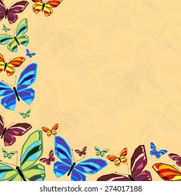 Postcard with abstract images of a butterfly. Colored vector illustration.
