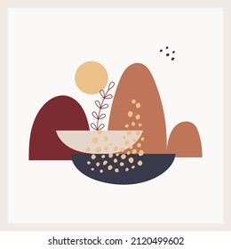 A postcard with abstract, textural forms and elements, the sun, mountains, a twig in neutral, pastel colors. Boho landscape. Square poster, print. Minimal and natural wall art. Vector illustration.
