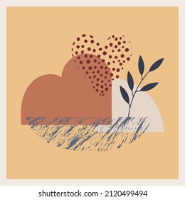 Una postal con formas y elementos abstractos, texturales, un corazón, montañas, una rama. El paisaje del Boho. Afiche cuadrado, impreso. Arte de pared mínimo y natural. Ilustración vectorial en un fondo amarillo