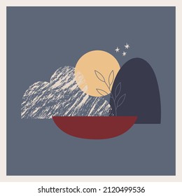 A postcard with abstract, textural shapes and elements, sun, cloud, twig. Boho landscape. Square poster, print. Minimal and natural wall art. Vector illustration on a dark blue background