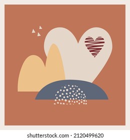 A postcard with abstract, textural shapes and elements, a heart, mountains in neutral, pastel colors. Boho landscape. design for print, cover, Minimal and natural wall art. Vector illustration