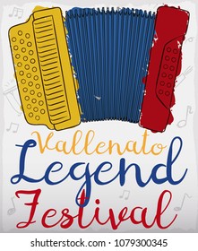 Postcard with an accordion with Colombian flag colors in brushstrokes over a doodle background with musical notes for traditional Vallenato Legend Festival.