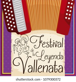 Postcard with accordion and greeting scroll with the draw of the Lady of the Rosary and frame with ribbons of Colombia and Valledupar flags for Vallenato Legend Festival (written in Spanish).