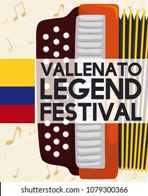 Postcard With Accordion Over Musical Notes Background And Label With Colombian Flag To Commemorate The Vallenato Legend Festival.