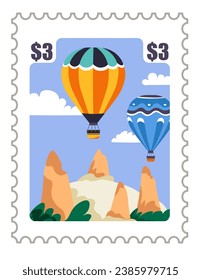 Postcard with air balloons flying over Cappadocia landscape. Natural wonder and mountains, hills natural beauty. Turkiye destination for tourists. Postal mark or card sticker. Vector in flat style