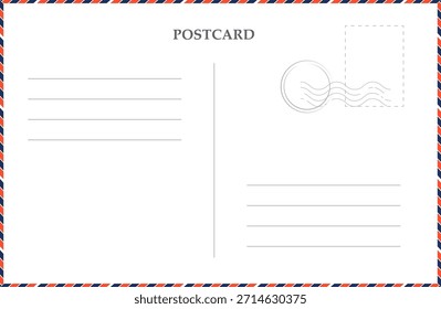 Modelo de correio aéreo de cartão postal com borda listrada, com carimbo, Vintage carta vazia, envelope. Cartão postal retroativo. Modelo em branco