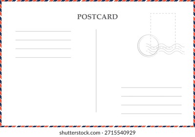 Plantilla de correo aéreo de postal con borde rayado, con sello, carta vacía de Antiguas, sobre. Tarjeta postal retro. Plantilla en blanco