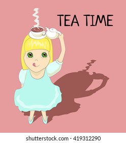 postcard alice in wonderland, girl with tea cup on head and kettle. Mad tea party in tale.