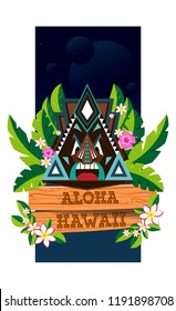 Сommemorative postcard Aloha Hawaii featuring a traditional triangular Hawaiian mask surrounded by flowers and leaves. Dark blue background. Vector