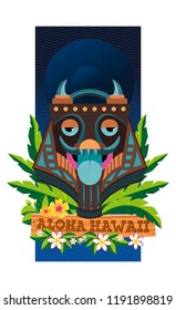 Сommemorative postcard Aloha Hawaii featuring a traditional Hawaiian mask with a protruding tongue surrounded by flowers and leaves. Night sky background. Vector