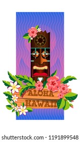 Сommemorative postcard Aloha Hawaii featuring a traditional Hawaiian mask surrounded by flowers and leaves. Lilac background. Vector