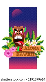 Сommemorative postcard Aloha Hawaii featuring a traditional Hawaiian mask surrounded by flowers and leaves. Blue Burgundy wavy background with the moon. Vector
