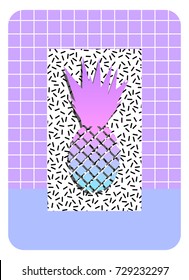 Postcard with ananas and abstract background in the style of the 80's. Memphis style print, geometric lines and shapes. Template for cards, invitations, flyer, poster. Vector illustration EPS 10