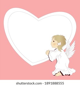 Postcard angel and heart. Drawn in a vector in a flat style. Suitable for postcards.