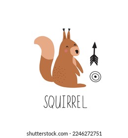 Postcard with animals squirrel for children. Educational preschool cards for learning animals. Learn animal name for kids.